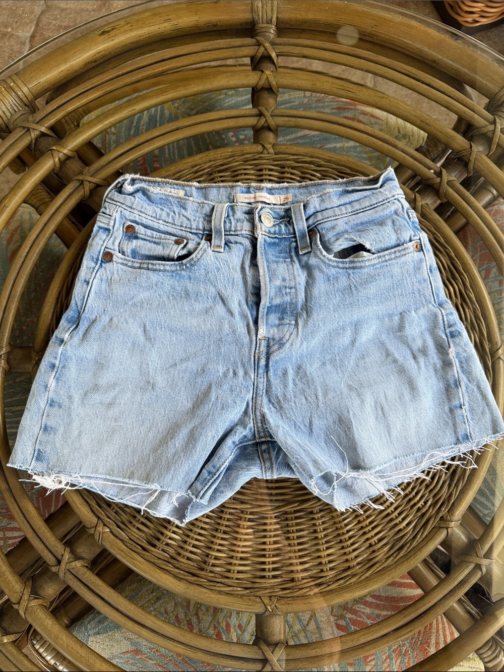Levi's Light Wash Denim Frayed Hem High-Rise Shorts